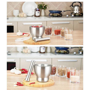 Kitchen Mortar and Pestle Grinder 304 Stainless Steel with Anti Spill Lid