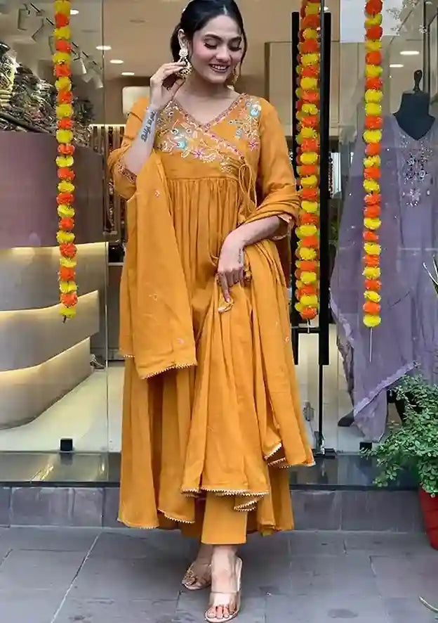 Orange Mustard Thread Work Viscose Kurta