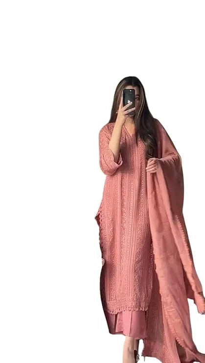 WOMEN'S CHINON SILK WITH COTTON THREAD EMBROIDERY STRAIGHT KURTI WITH PANT AND DUPATTA SET