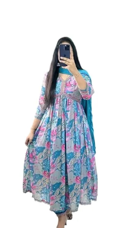 Women Floral Print Anarkali Kurta with Pant and Dupatta Set