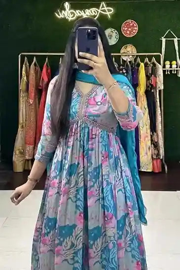 Women Floral Print Anarkali Kurta with Pant and Dupatta Set