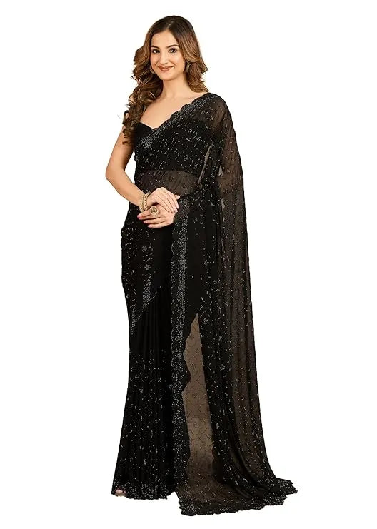Women's Georgette Siroski work Saree with Unstitched Blouse Piece