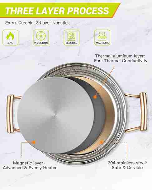 Stainless Steel Stock Pot with Lid, 3 Triply Clad Hammered Copper Pot, Nonstick Boiling Pot for Home Kitchen