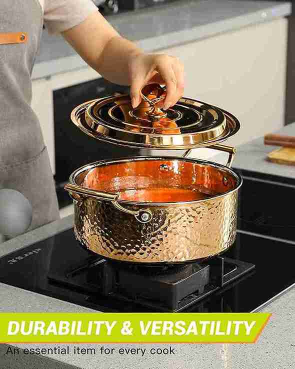 Stainless Steel Stock Pot with Lid, 3 Triply Clad Hammered Copper Pot, Nonstick Boiling Pot for Home Kitchen