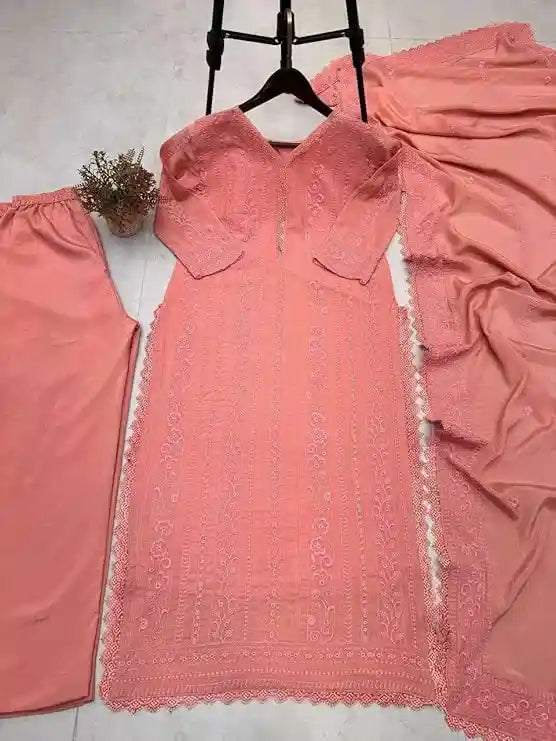 WOMEN'S CHINON SILK WITH COTTON THREAD EMBROIDERY STRAIGHT KURTI WITH PANT AND DUPATTA SET