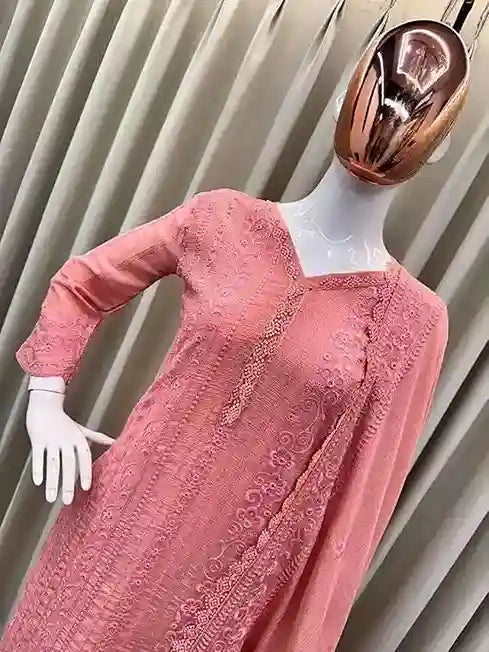 WOMEN'S CHINON SILK WITH COTTON THREAD EMBROIDERY STRAIGHT KURTI WITH PANT AND DUPATTA SET