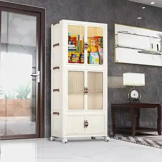 Movable Foldable Plastic Cupboard for Storage | Plastic Wardrobe for Clothes | Drawer Storage Cabinet for Home Organizer with Transparent Doors and Wheels- Layer 5 Style 1