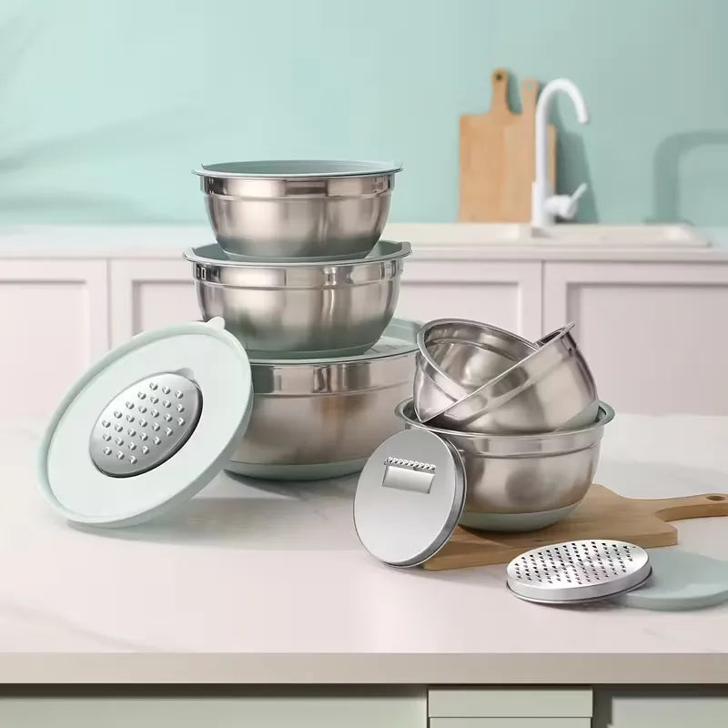 Stainless Steel Non-slip Silicone Bottom Mixing Bowl with Seal Cover Baking Set Mint Green, with 3 Grater Accessories and Baking Accessories Mixer, Clip, Brush, Scraper, Measuring Spoon, Stainless Steel Metal Nesting Storage Bowl