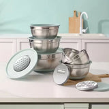 Stainless Steel Non-slip Silicone Bottom Mixing Bowl with Seal Cover Baking Set Mint Green, with 3 Grater Accessories and Baking Accessories Mixer, Clip, Brush, Scraper, Measuring Spoon, Stainless Steel Metal Nesting Storage Bowl