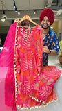 Hot Pink Georgette Designer Mirror Neck Pom-Pom Anarkali suit with Chiffon Duppata