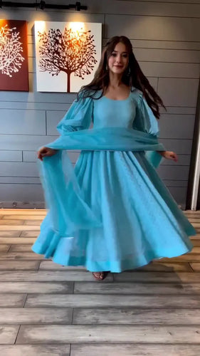 Delicate Sky Blue Embroidered A-Line Dress with Puff Sleeves and Sheer Dupatta, Perfect for Daytime or Semi-Formal Events