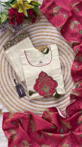Elegant White Embroidered Unstitched Dress Set with Intricate Floral and Tassel Detailing, Complemented by a Rich Pink Dupatta with Gold Print - Ideal for Festive Occasions