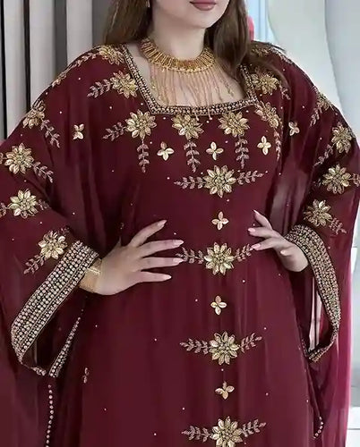 Maroon georgette handcrafted zari bedded neck work stitched kaftan party wedding dresses