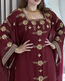 Maroon georgette handcrafted zari bedded neck work stitched kaftan party wedding dresses