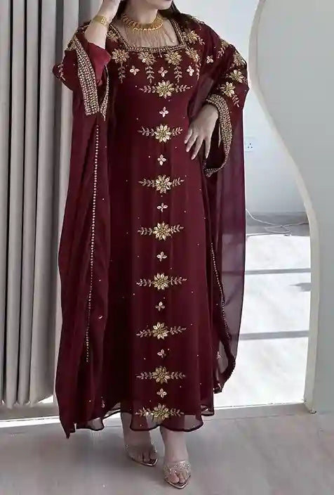 Maroon georgette handcrafted zari bedded neck work stitched kaftan party wedding dresses