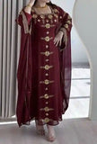 Maroon georgette handcrafted zari bedded neck work stitched kaftan party wedding dresses