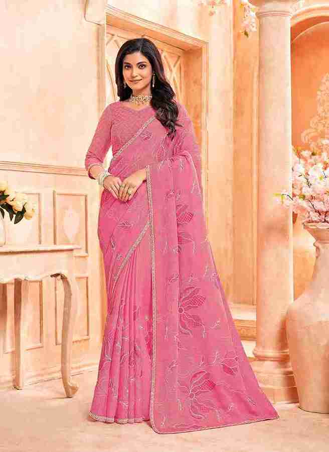 Floral Embroidered Pink Chiffon Saree