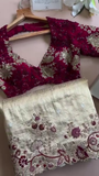 Elegant Maroon and Gold Embroidered Blouse with Intricate Floral Work, Paired with a Beige Embellished Skirt – Perfect for Festive Occasions