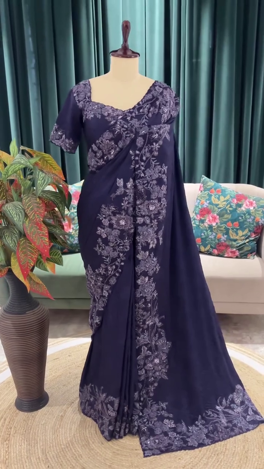 Elegant Navy Blue Saree with Intricate Silver Embroidery and Floral Detailing – Perfect for Special Occasions