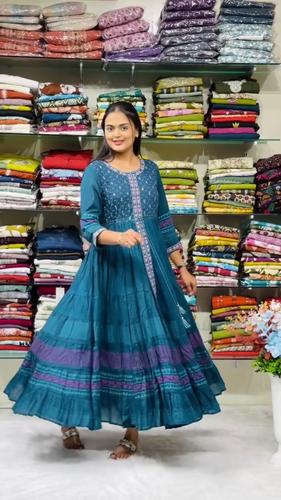 Flowy Teal and Purple Embroidered Anarkali with Traditional Motif and Comfortable Fit