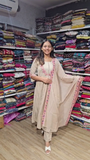 Beige Cotton Anarkali Set with Pink Floral Lace Detailing – Everyday Ethnic Wear with Matching Dupatta and Straight Pants