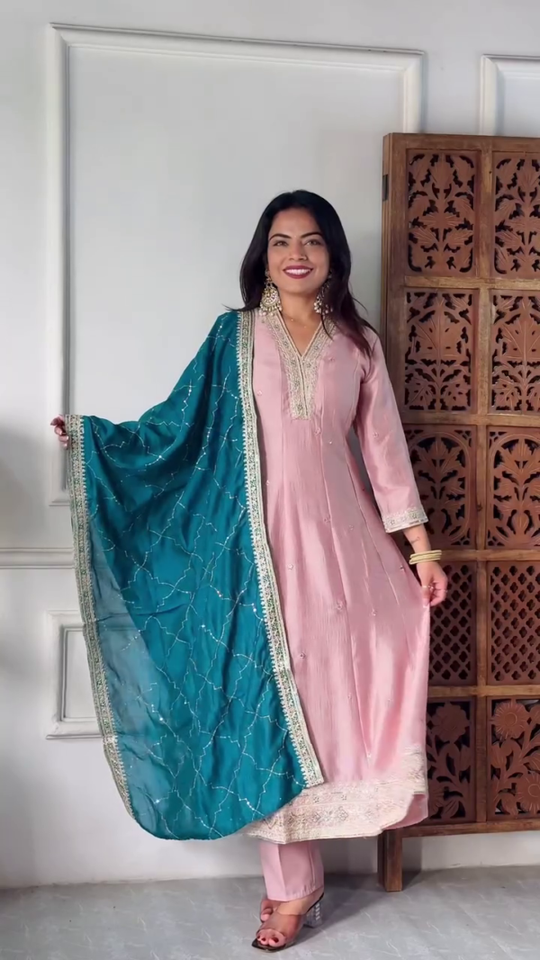 Elegant Embroidered Anarkali with Teal and Pink Dupatta and Intricate Detailing