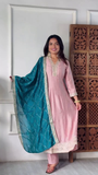 Elegant Embroidered Anarkali with Teal and Pink Dupatta and Intricate Detailing