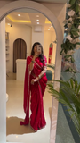 Graceful Deep Red Velvet Saree with Intricate Stone Embellished Border Paired with Floral Embroidered Blouse