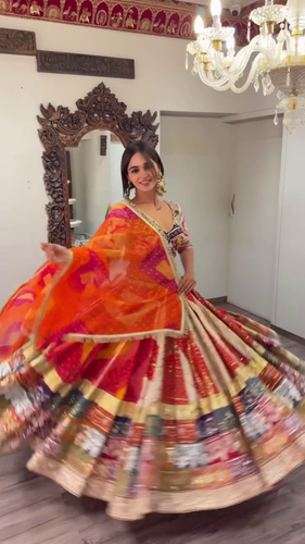 Multicolor Mirror and Thread Work Traditional Navratri Lehenga Choli Set with Heavy Flared Skirt, Embroidered Blouse, and Vibrant Bandhani Dupatta