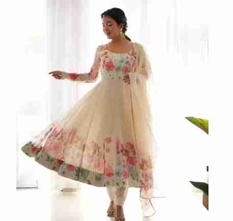 PURE SOFT ORGANJA SILK FABRIC FULLY FLAIR KALI PATTERN AND CANVAS PATTA WITH DUPPTA SET ,PENT READY TO WEAR