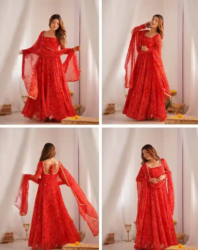 Function Wear Rani Pink Color Pure Soft Lightweight Chiffon Bandhej Fabric Designer Gown