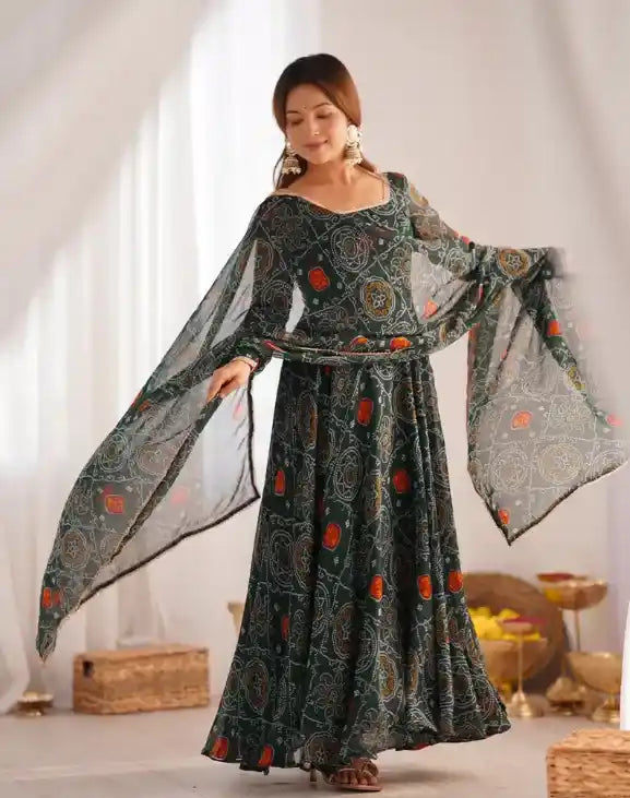 Function Wear Rani Pink Color Pure Soft Lightweight Chiffon Bandhej Fabric Designer Gown