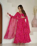 Function Wear Rani Pink Color Pure Soft Lightweight Chiffon Bandhej Fabric Designer Gown