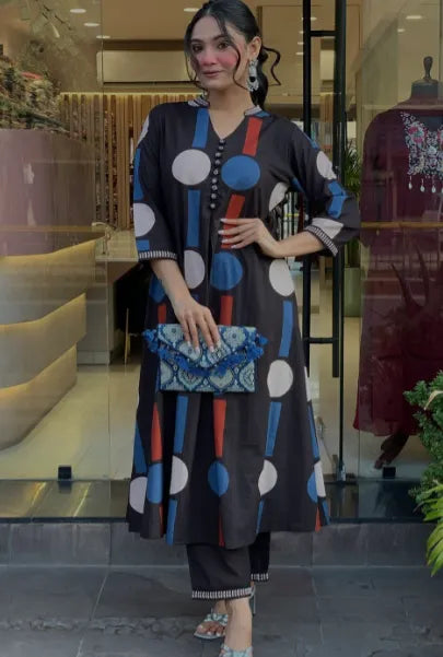 Printed Pure Cotton Mandarin Collar Top with Trousers Co-Ords