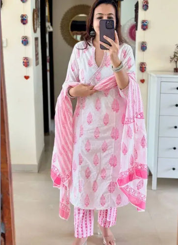 Simple Straight Cotton Kurti and Hand Embroidery Work with Mulmul Dupatta