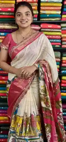 Fancy Silk Scallop Less Border Kalamkari Print Cream And Pink Saree