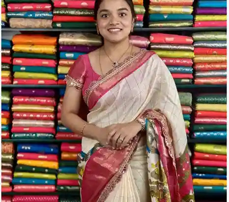 Fancy Silk Scallop Less Border Kalamkari Print Cream And Pink Saree