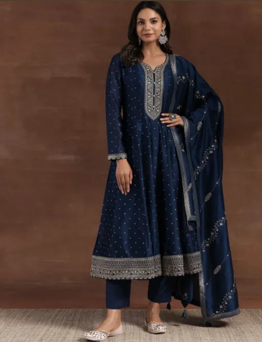 Blue Embroidered Silk Blend A-Line Kurta With Trousers & Dupatta