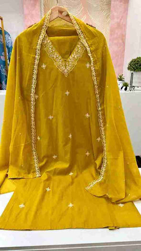 Pure cotton embroidered lace detailing suit set in yellow