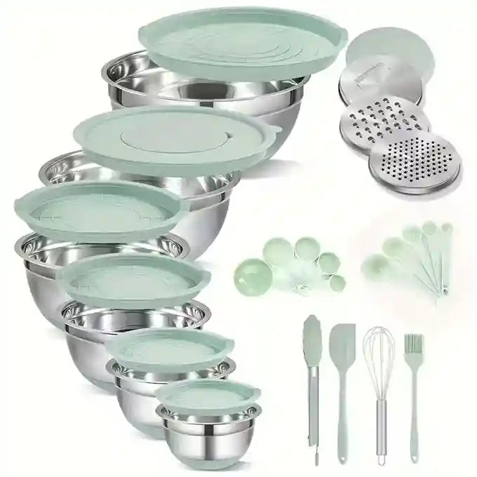 Stainless Steel Non-slip Silicone Bottom Mixing Bowl with Seal Cover Baking Set Mint Green, with 3 Grater Accessories and Baking Accessories Mixer, Clip, Brush, Scraper, Measuring Spoon, Stainless Steel Metal Nesting Storage Bowl
