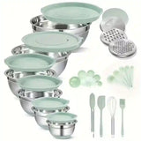 Stainless Steel Non-slip Silicone Bottom Mixing Bowl with Seal Cover Baking Set Mint Green, with 3 Grater Accessories and Baking Accessories Mixer, Clip, Brush, Scraper, Measuring Spoon, Stainless Steel Metal Nesting Storage Bowl