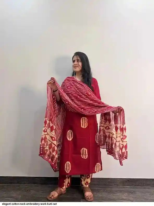 ELEGANT COTTON NECK EMBROIDERY WORK KURTI SET