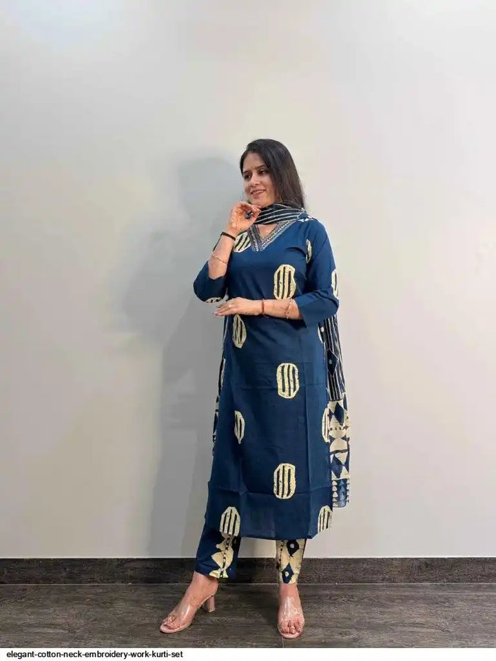 ELEGANT COTTON NECK EMBROIDERY WORK KURTI SET