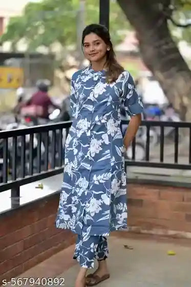 Designer A-Line Floral Print Kurta with Pants – Premium Cotton Ethnic Suit for Women’s Parties & Special Occasions