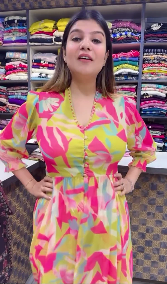 Multi Color Chinon Silk Digital Printed Gown Dress