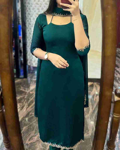 DARK GREEN GEORGETTE STRAIGHT CUT KURTI WITH LINING AND DUPPATTA SET