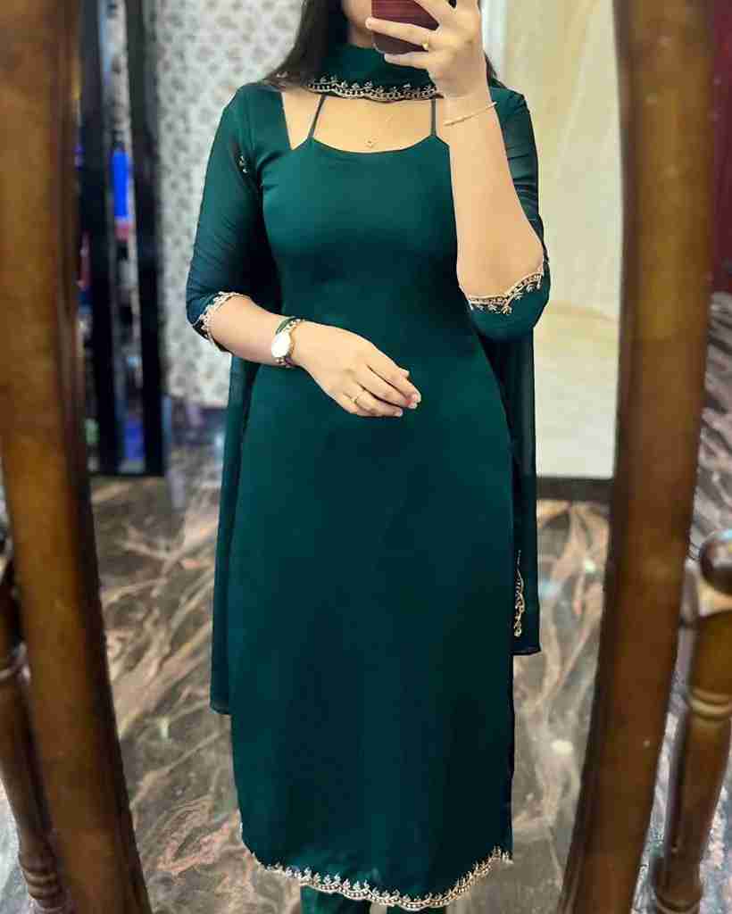 DARK GREEN GEORGETTE STRAIGHT CUT KURTI WITH LINING AND DUPPATTA SET