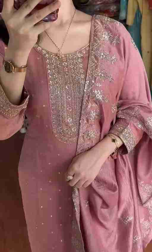 Heavy Chinon Silk With Heavy Embroidery Work with Rivet Work Dupatta with Embroidery