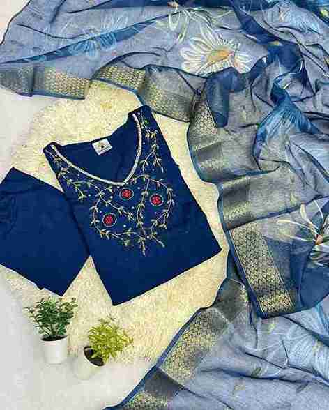 Roman Silk Fabric Kurti with Handwork Neck &amp; Butti Work
