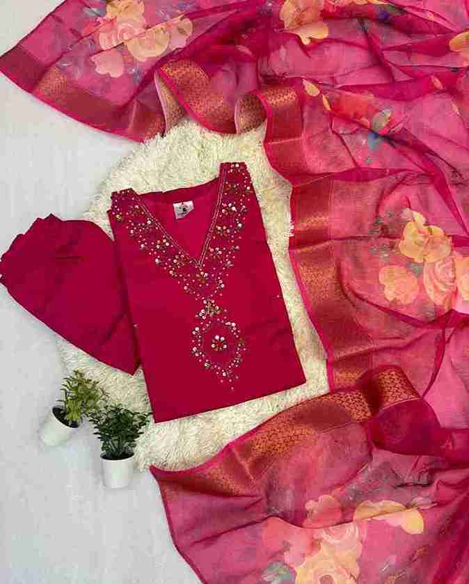 Roman Silk Fabric Kurti with Handwork Neck &amp; Butti Work